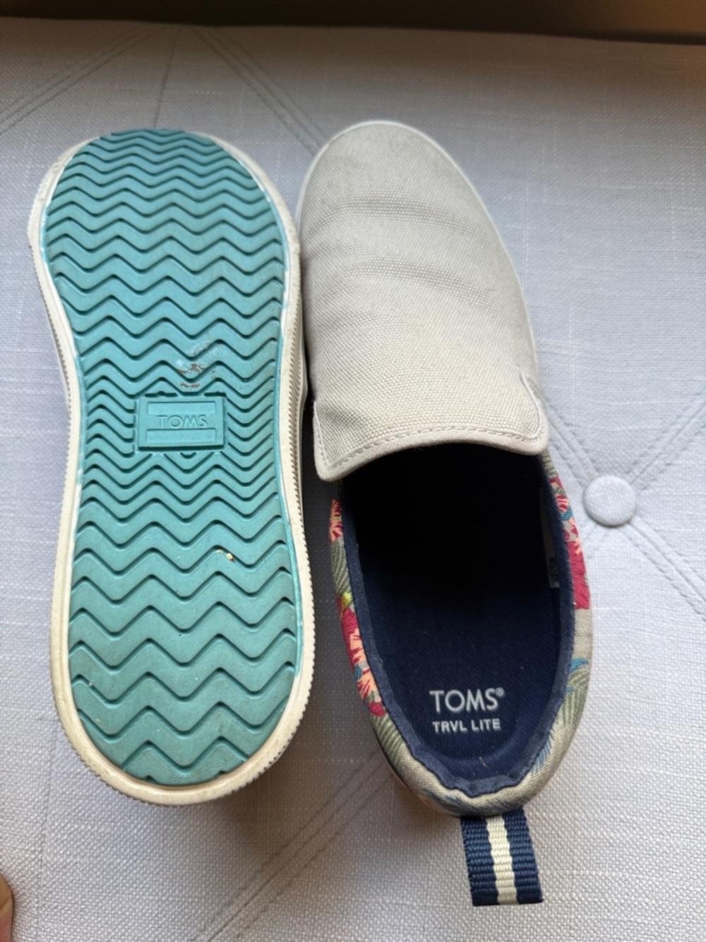 Toms Slip-On Canvas Shoes in Light Gray with flowers.